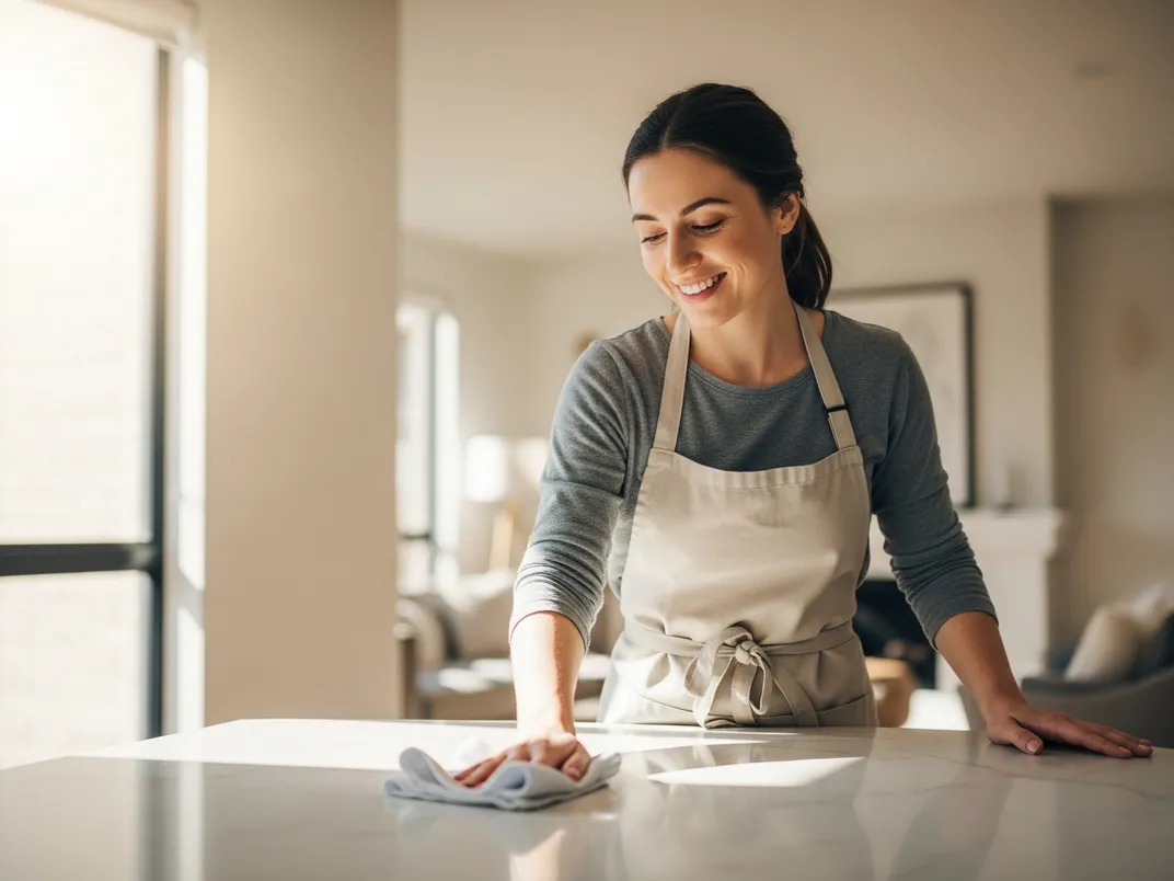 A FreeTime provider in a grey long-sleeve top and beige apron wipes down a bright kitchen counter